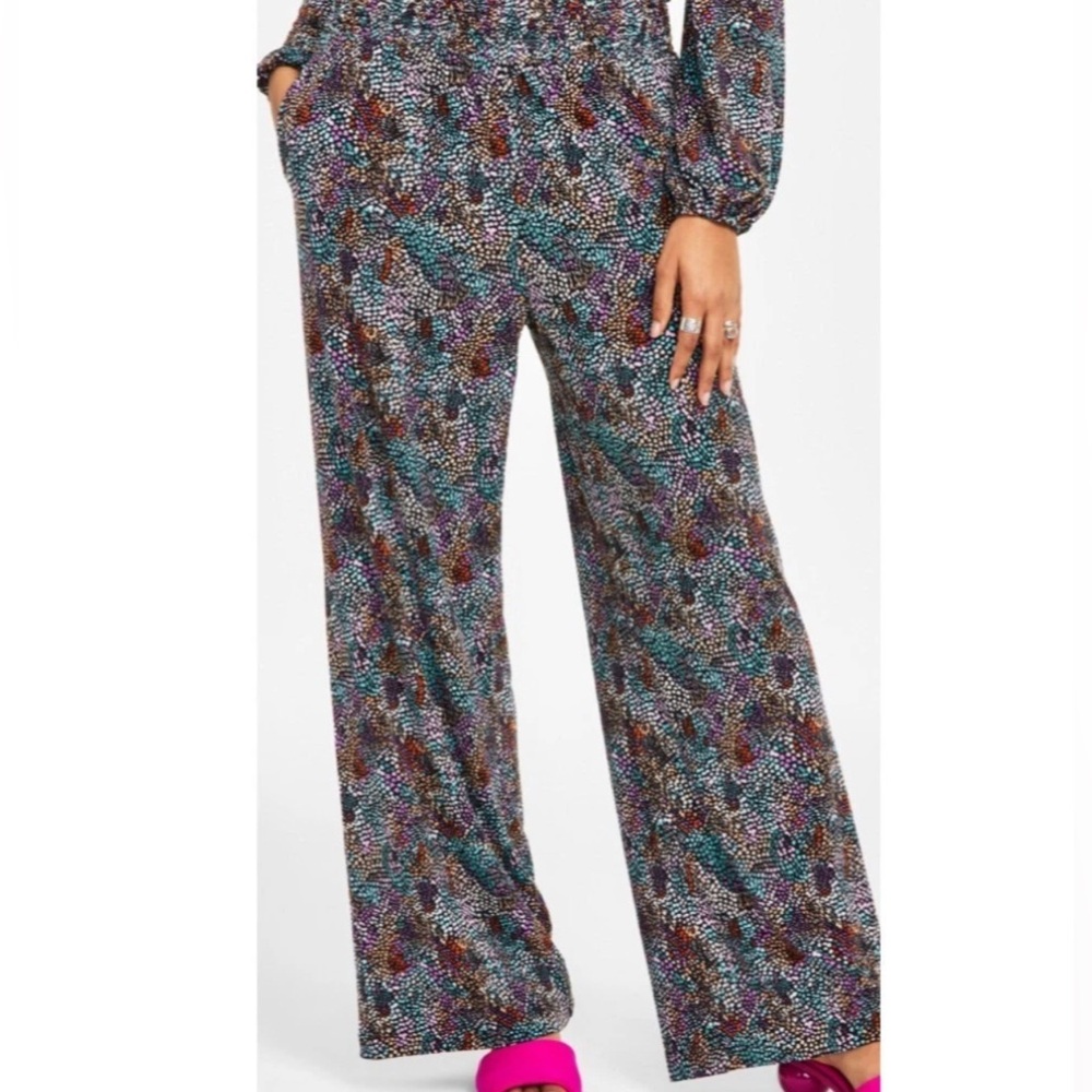 Bar III Texture Mirage Pull On Floral Smocked Wide Leg High Rise Flowy Pants